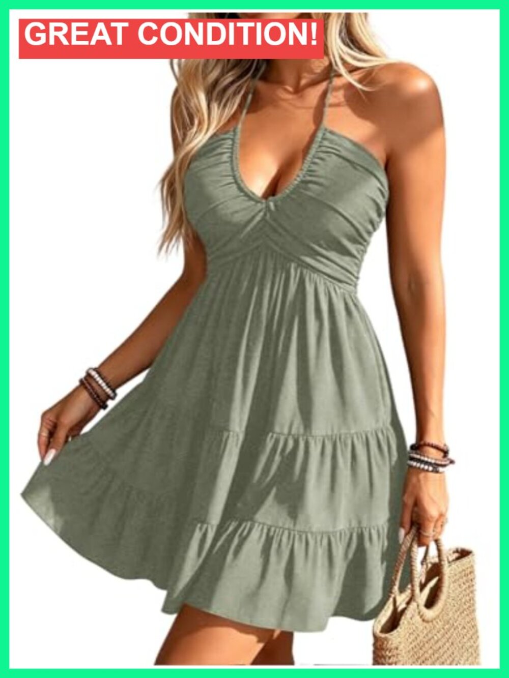 Women's Sleeveless Halter Backless A-Line Mini Dress with Ruffle Hem